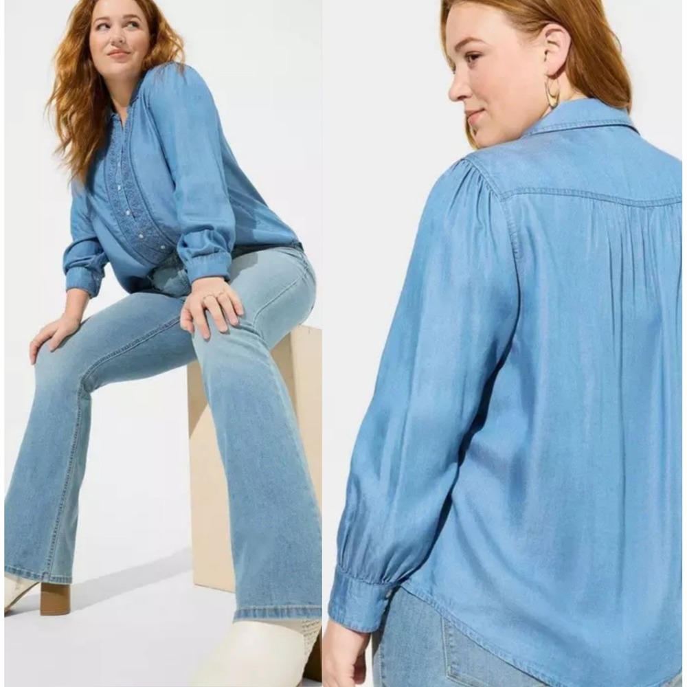 Torrid Chambray Button Up Shirt Plus-sized‎ 3X Denim Lace Trip